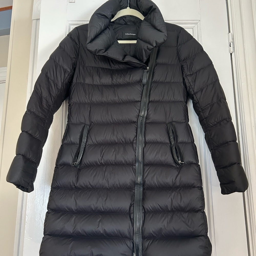 Mackage Women's Long Black Puffer Jacket with Leather Accents